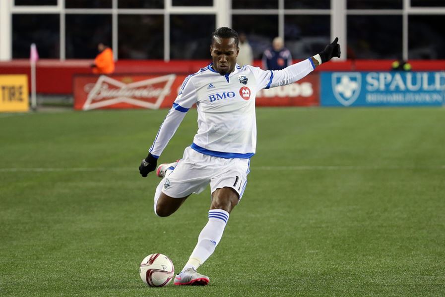 October 17, 2015: Montreal Impact forward Didier Drogba (11) takes a free kick. The Montreal Impact defeated the New England Revolution 1-0 in a regular season MLS match at Gillette Stadium in Foxborough, Massachusetts. (Photograph by Fred Kfoury III/Icon Sportswire)